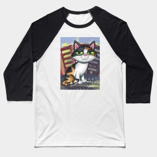 Beautiful Calico Kitty in front of buildings with colors Baseball T-Shirt